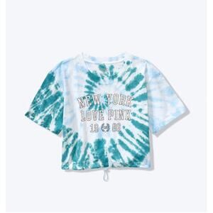 Victoria's Secret Love PINK Drawstring Cropped Turquoise Tie Dye Tee NWT Large